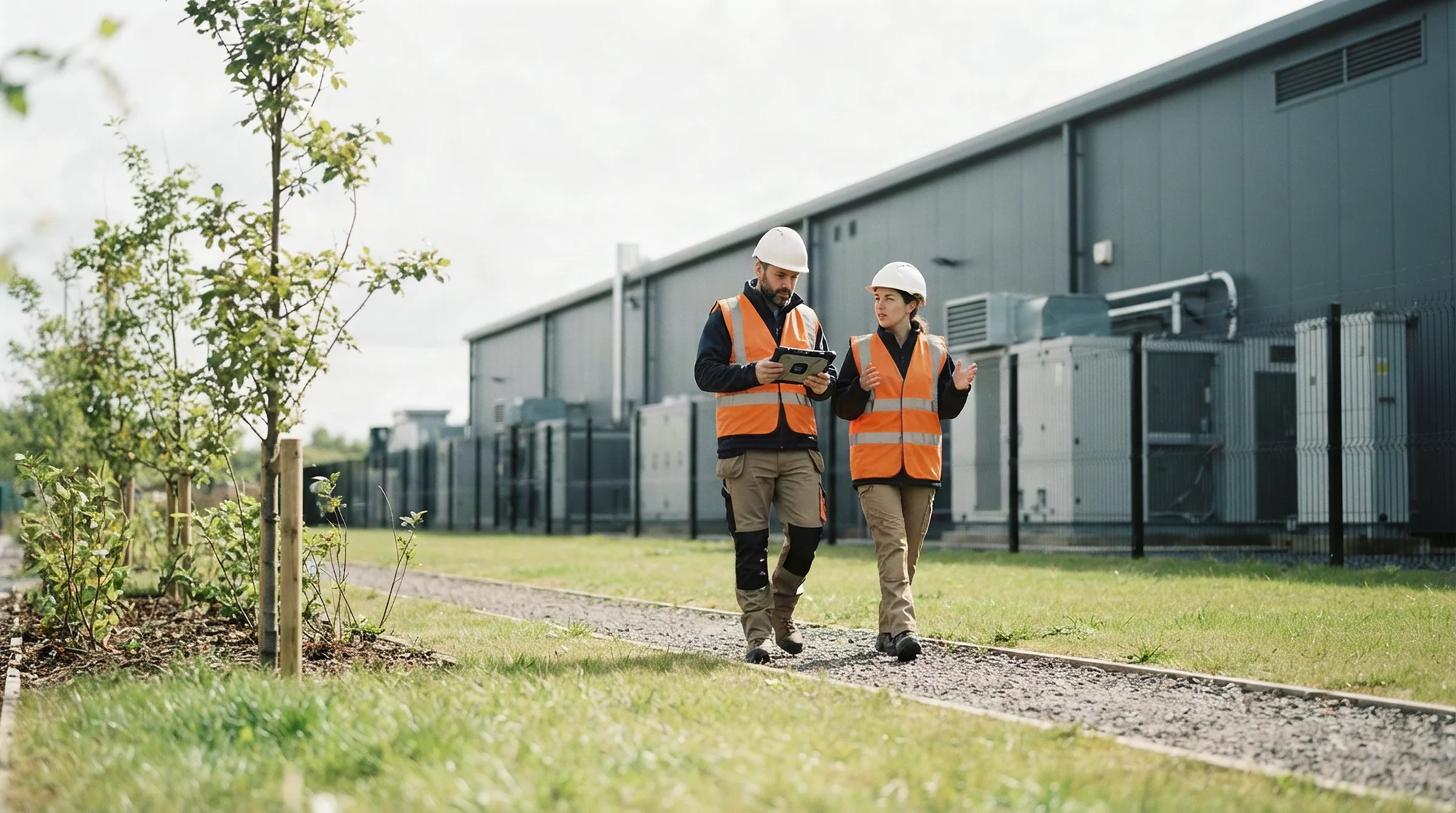 Two engineers in high-visibility vests walking the perimeter of a low modern data center