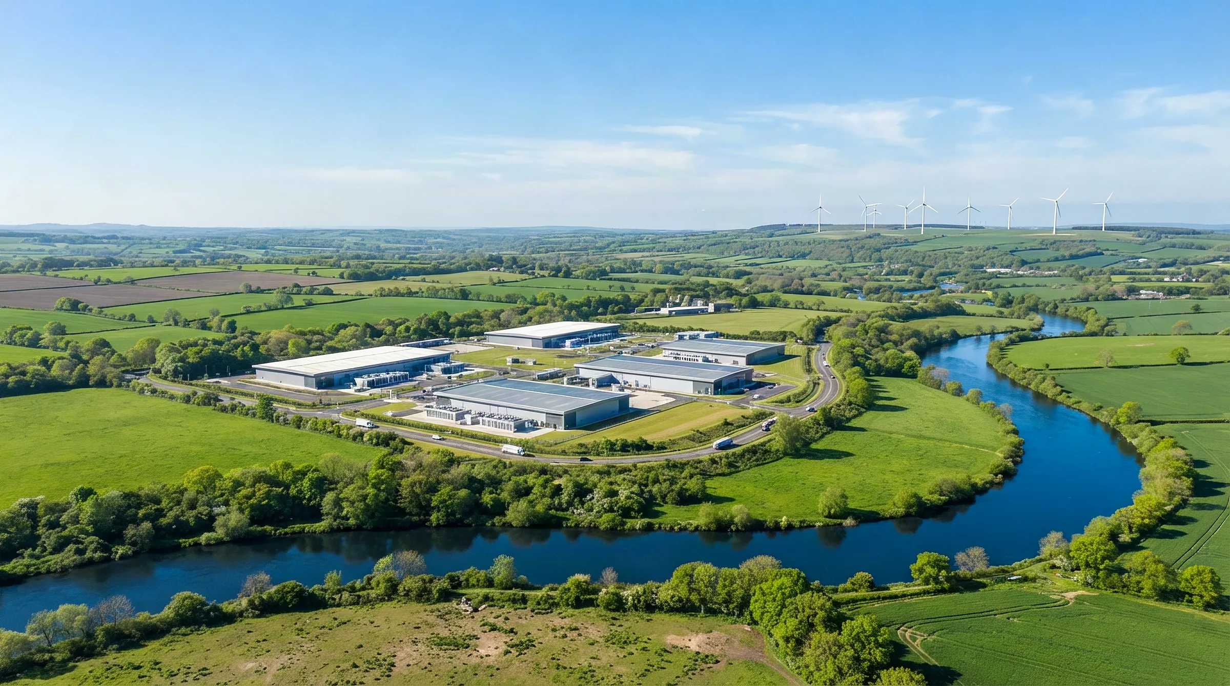 Aerial view along a river valley of green fields and hedgerows, wind turbines on the ridge