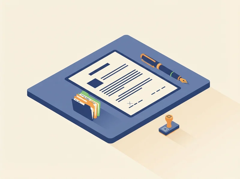 Isometric illustration of a signed contract with a pen and a stamp