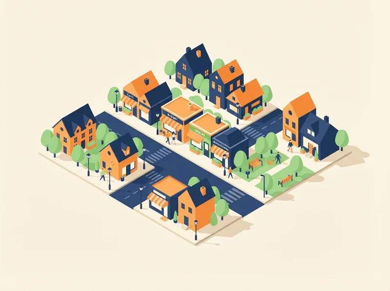 Isometric illustration of a small town block with houses, shops, trees and people