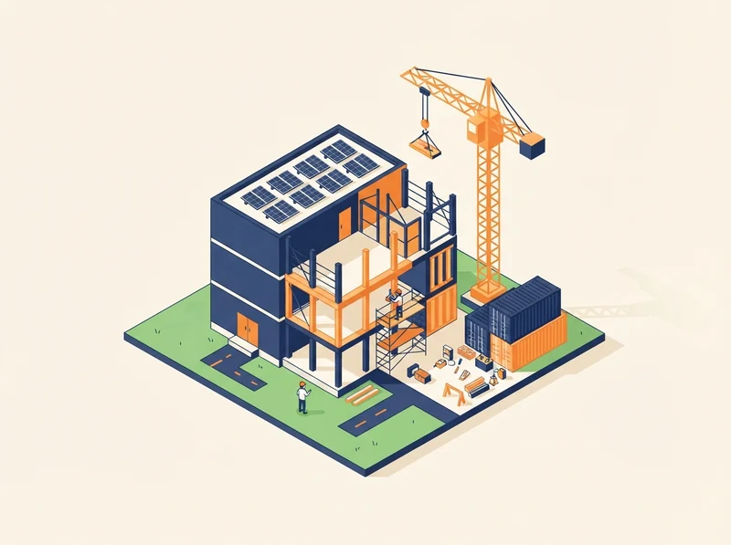 Isometric illustration of a data center under construction with a crane and solar panels