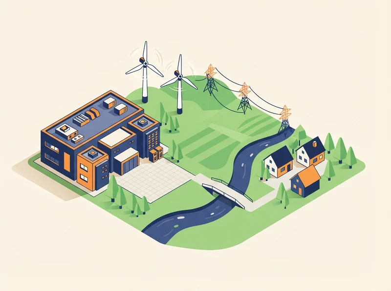 Isometric illustration of a data center and a town on green land with pylons and turbines