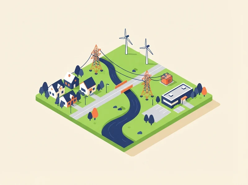 Isometric illustration of pylons, turbines and a river connecting houses to a low building