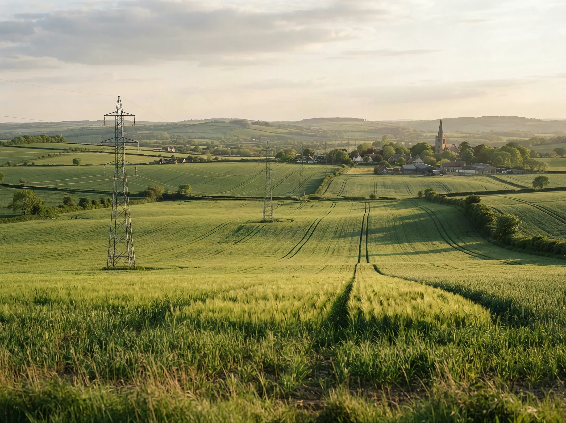Transmission pylons crossing green farmland, a village and church spire on the ridge beyond