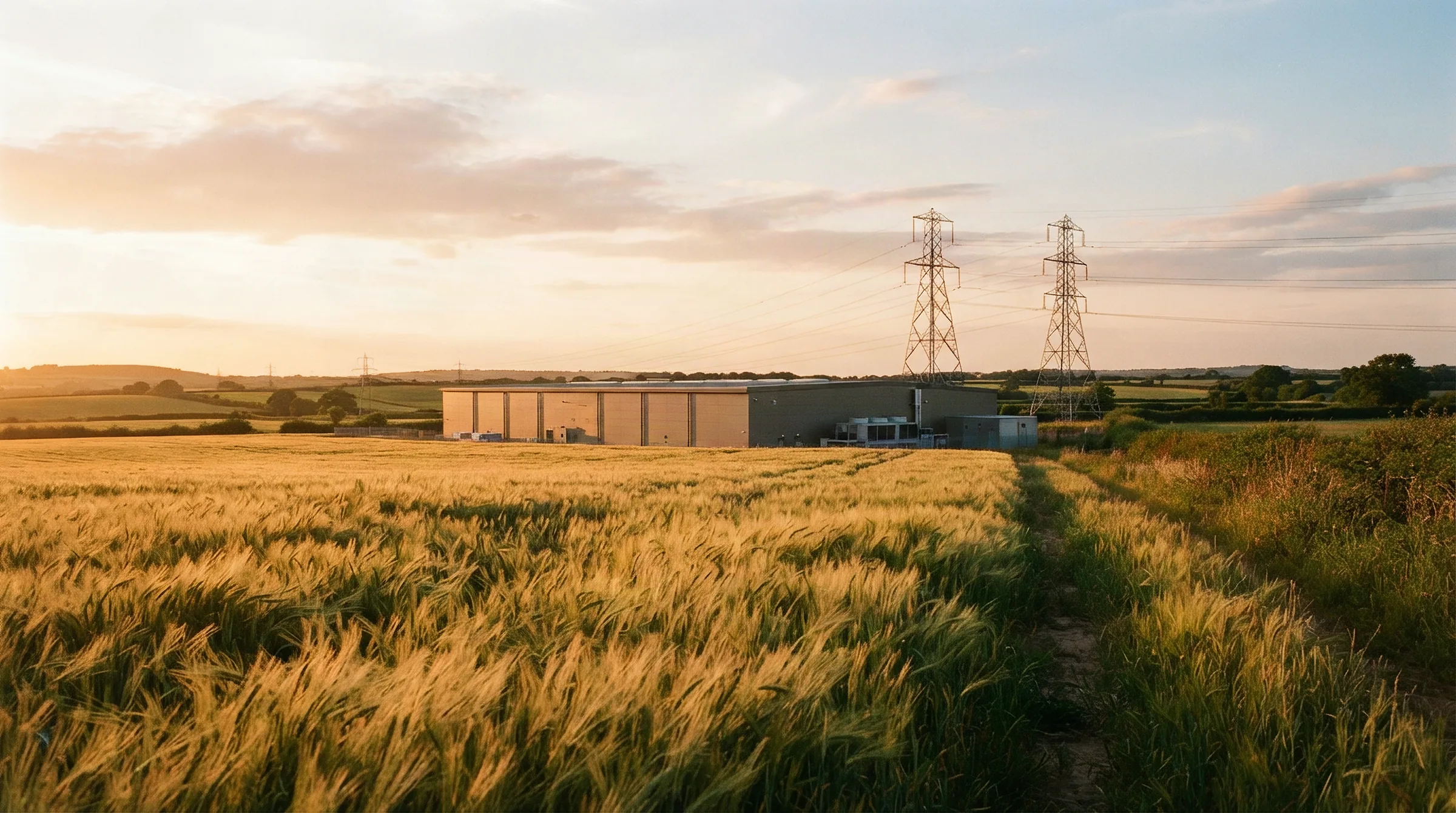 A low data center building beyond a barley field at sunset, transmission pylons behind it
