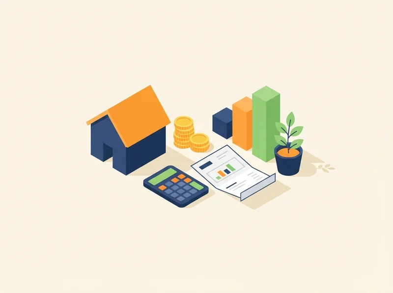 A house model, stacked coins, a calculator and a utility bill on a desk.