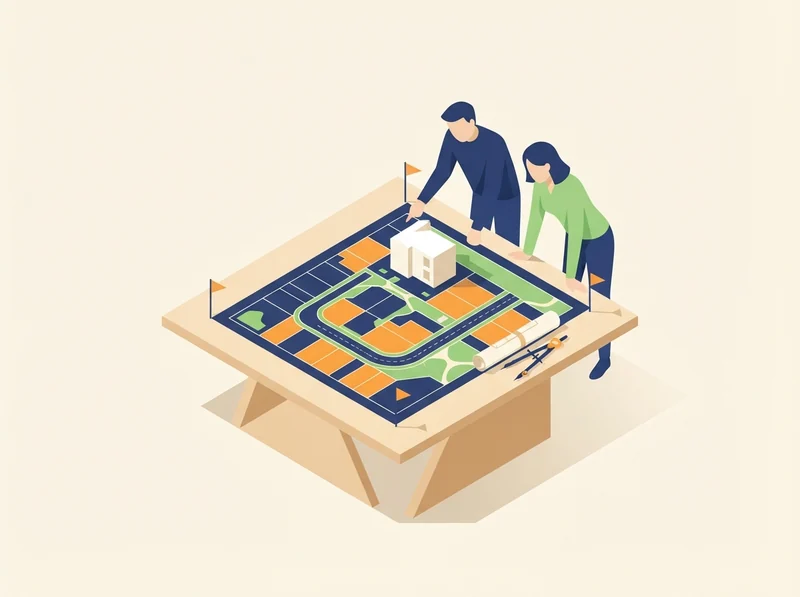 Two figures leaning over a table spread with a site plan and a model building.