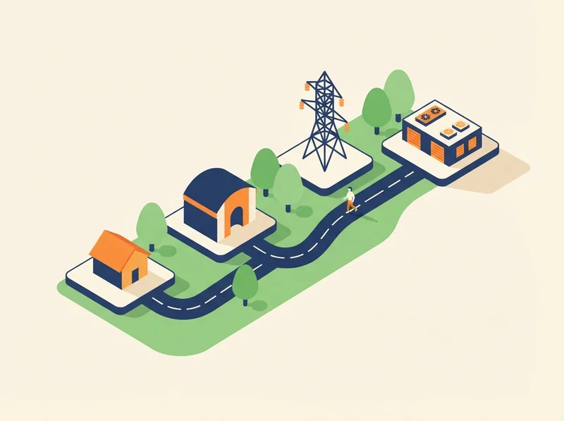 A winding road past four raised platforms carrying a house, a civic hall, a pylon and a data center.
