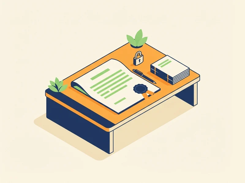An open signed document on a desk with a pen, a sealed ribbon, a padlock and bound papers.