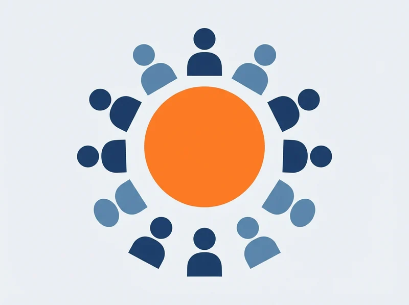 A ring of figures facing inward around a solid orange circle.