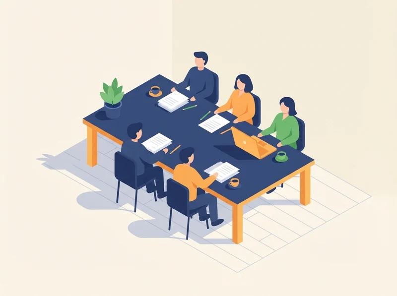 People seated around a meeting table with papers and laptops.