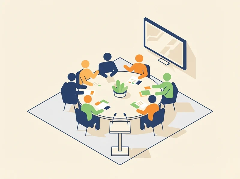 An unused lectern in front of a round table where eight figures sit working together.