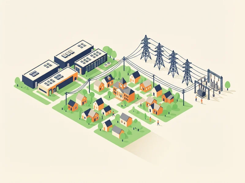 A data center campus on one side and pylons and a substation on the other, power lines converging over a small town.