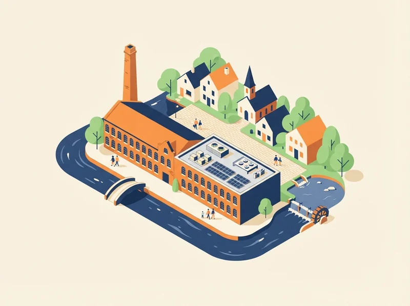 A riverside mill town with its brick mill and chimney part-converted into a data center, houses and trees behind.